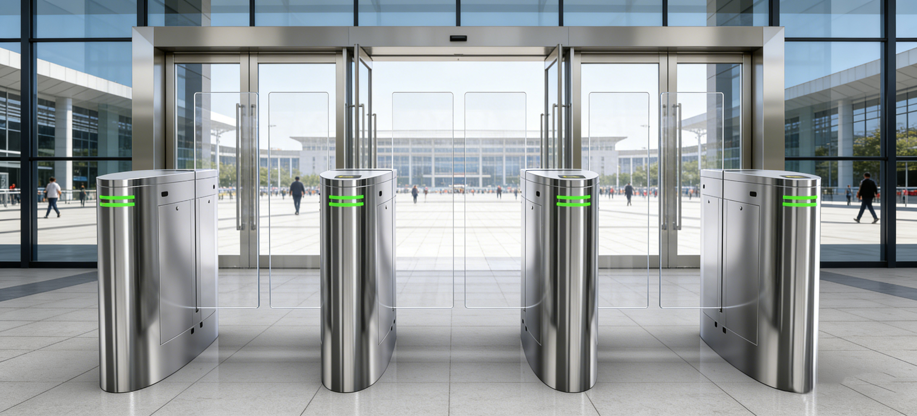 Cổng flap barrier gate quét mã QR soát vé tại nhà ga và trung tâm thương mại