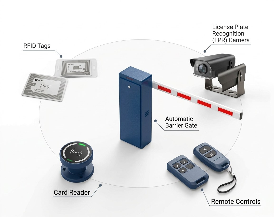 Các thành phần của hệ thống barie tự động: barie, thẻ RFID, bộ đọc thẻ, điều khiển từ xa và camera LPR